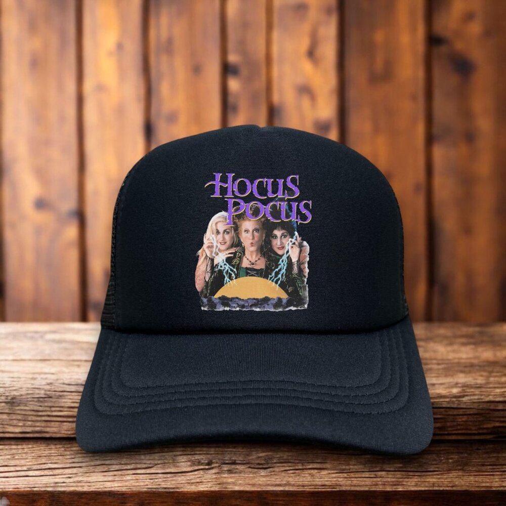 Hocus Pocus Unisex Trucker Hat Black 1993 Sanderson Sisters Salem Witches Binx